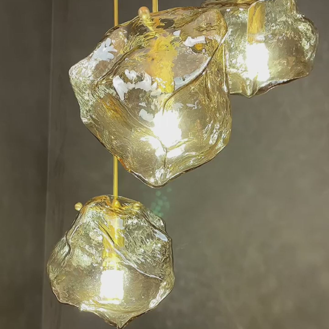 Modern Copper Chandelier with Irregular Lava Texture Glass Shade Pendant Light