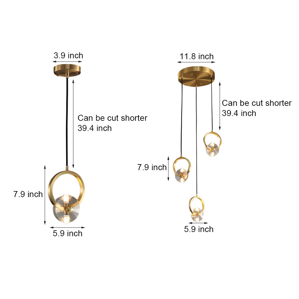 Modern Copper Crystal LED Pendant Light Round Hanging Ceiling Lamp for Bar and Dining Room