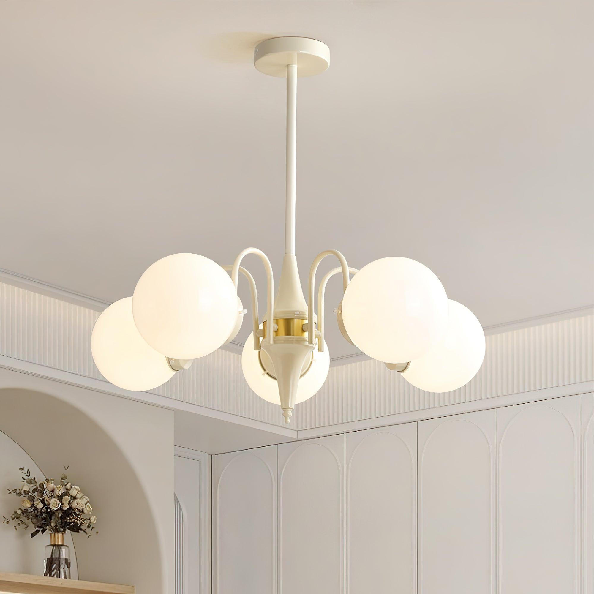 Modern Cream Ball Chandelier with White Glass Globes Mid Century Ceiling Light