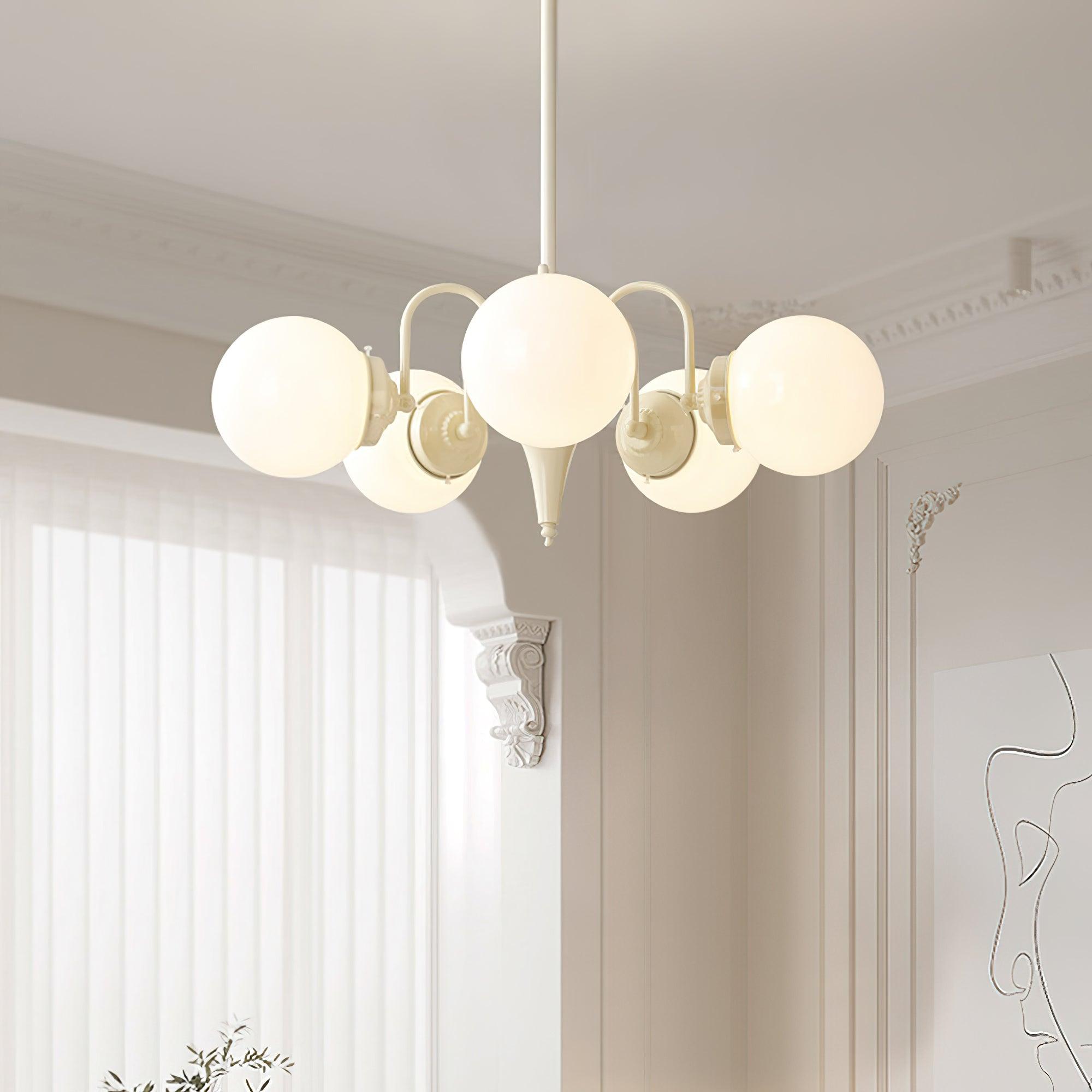 Modern Cream Ball Chandelier with White Glass Globes Mid Century Ceiling Light