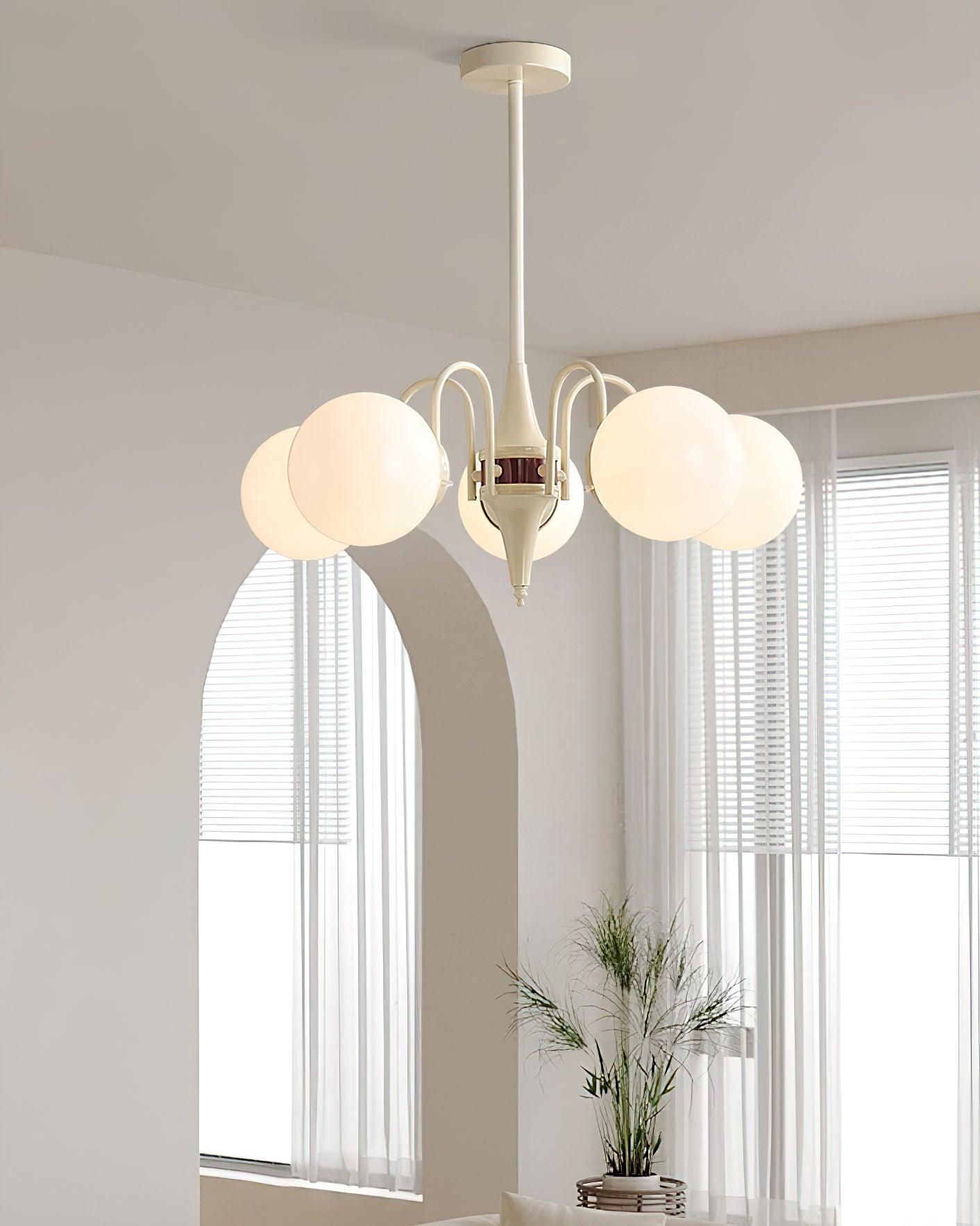 Modern Cream Ball Chandelier with White Glass Globes Mid Century Ceiling Light