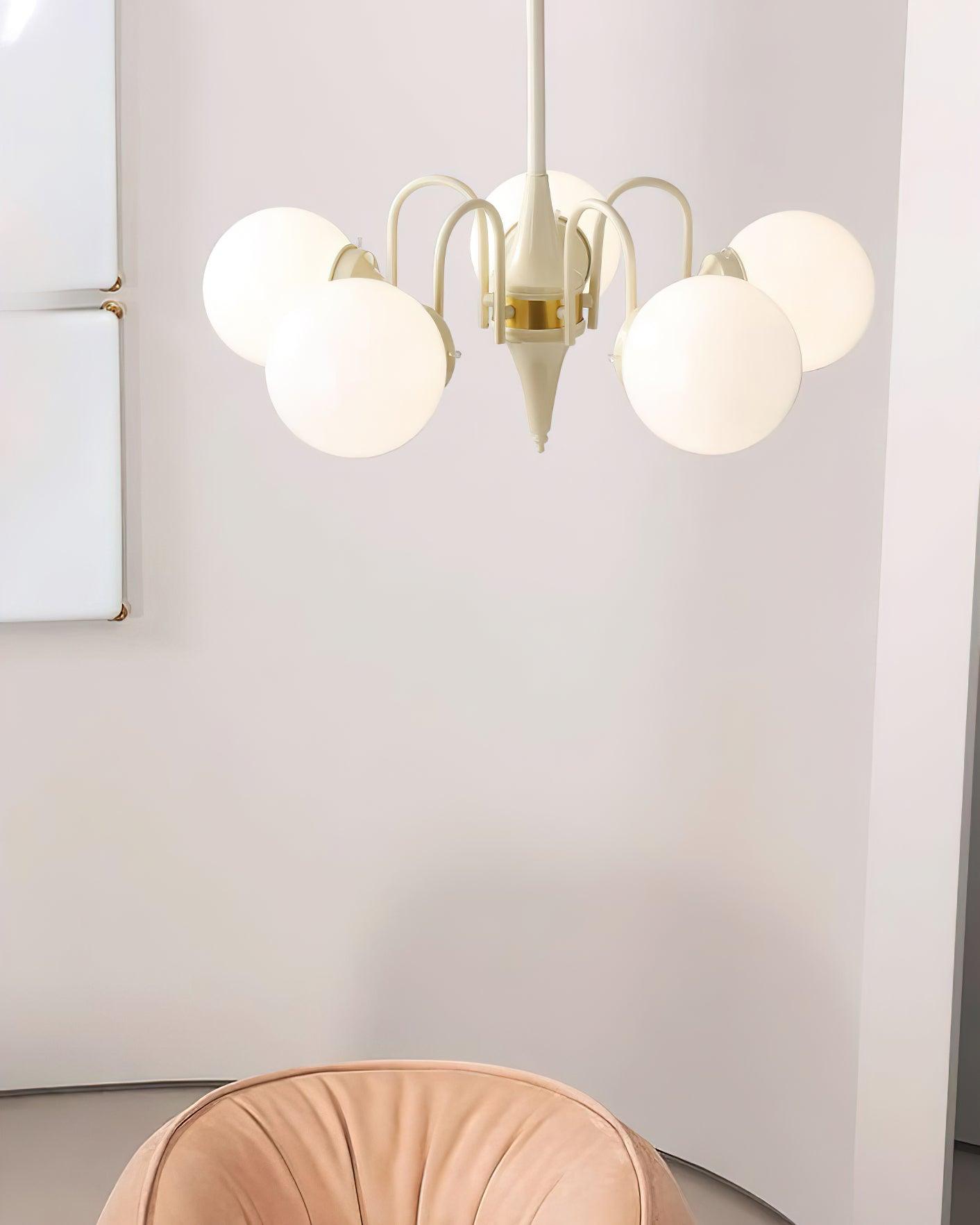 Modern Cream Ball Chandelier with White Glass Globes Mid Century Ceiling Light