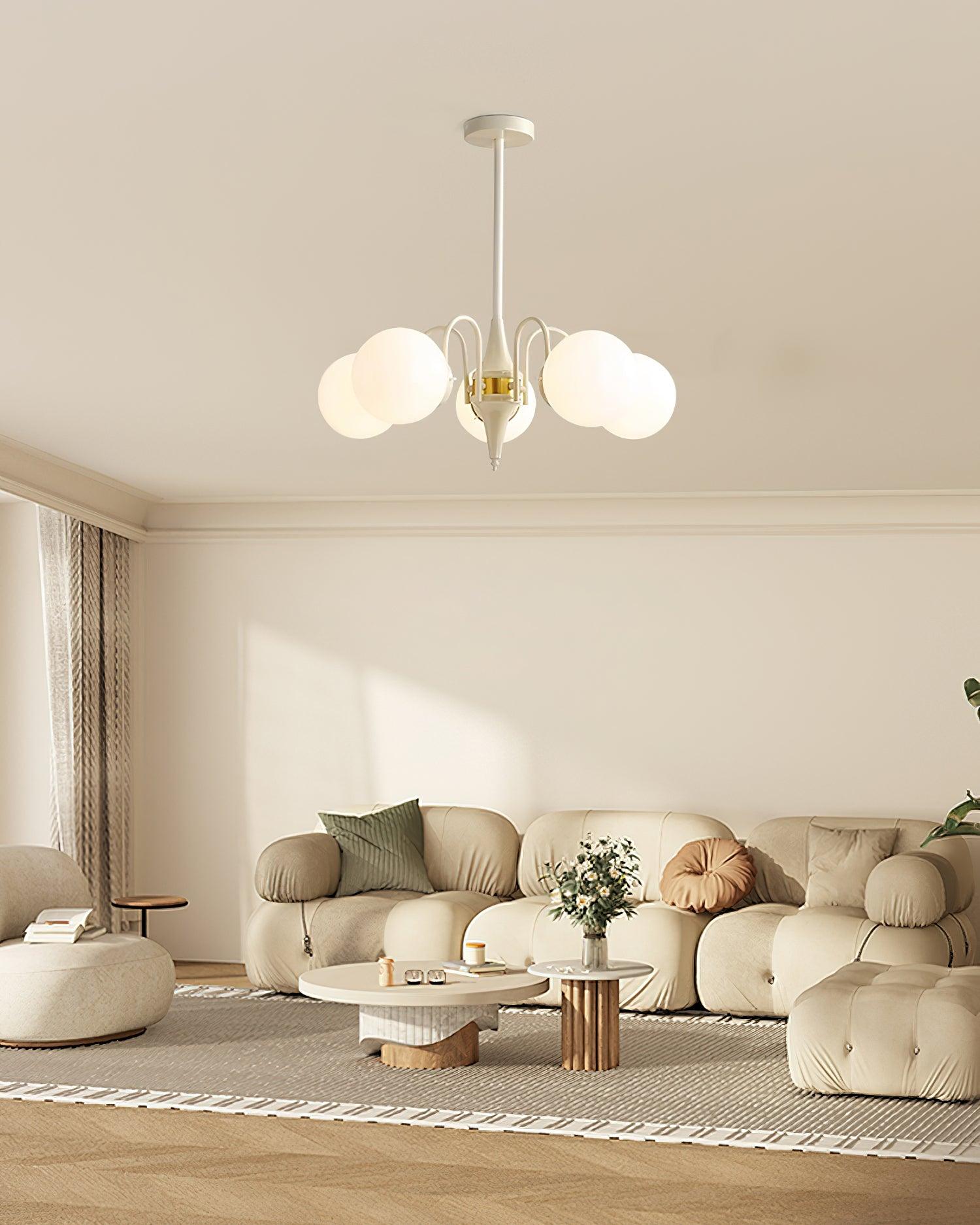 Modern Cream Ball Chandelier with White Glass Globes Mid Century Ceiling Light