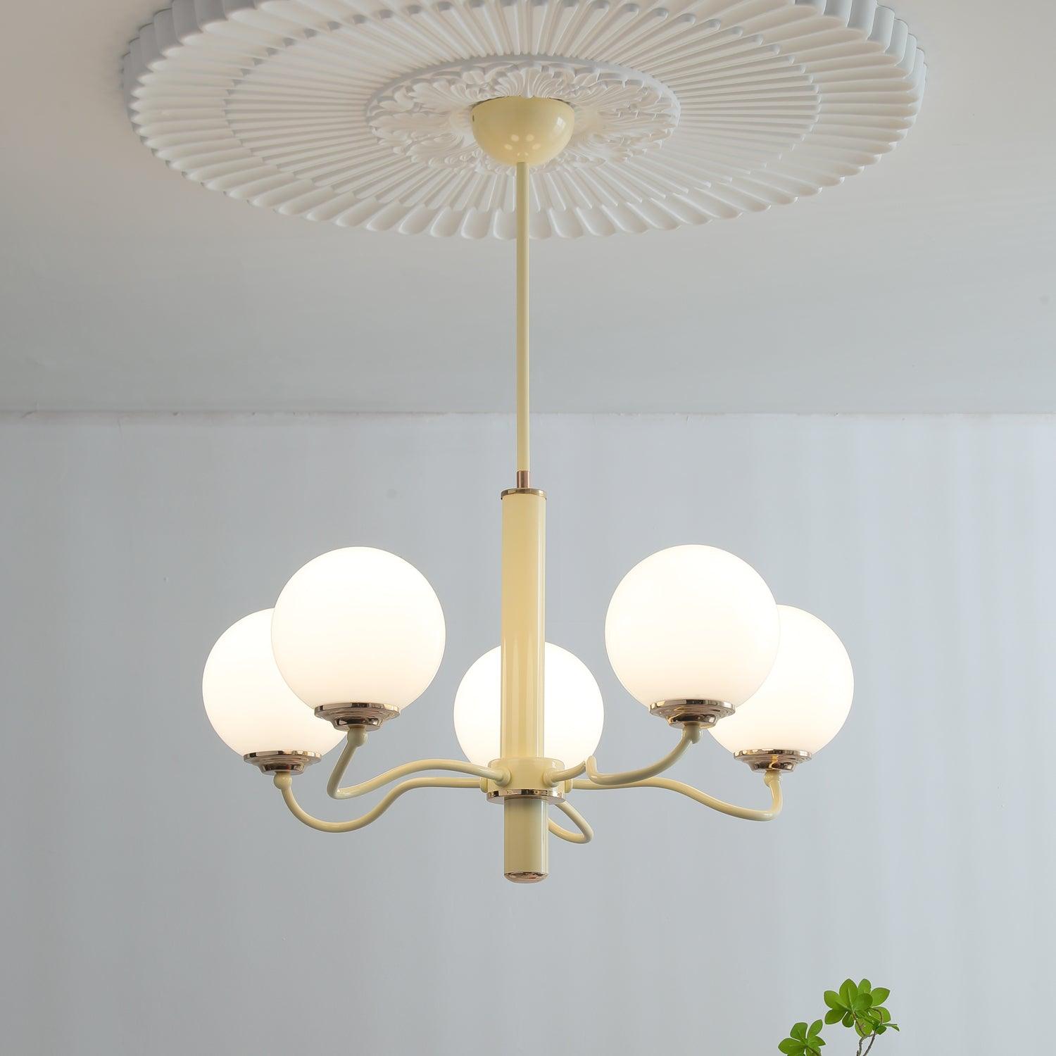 Modern Creamy Yellow Globe Glass Chandelier with White Spherical Shades