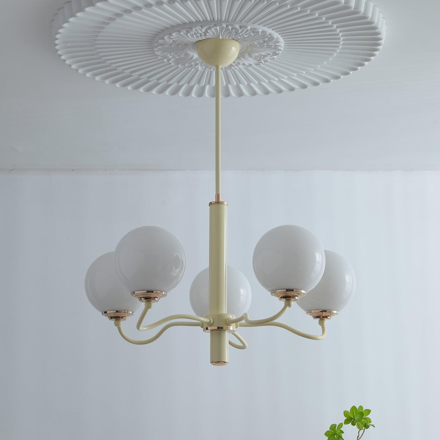 Modern Creamy Yellow Globe Glass Chandelier with White Spherical Shades