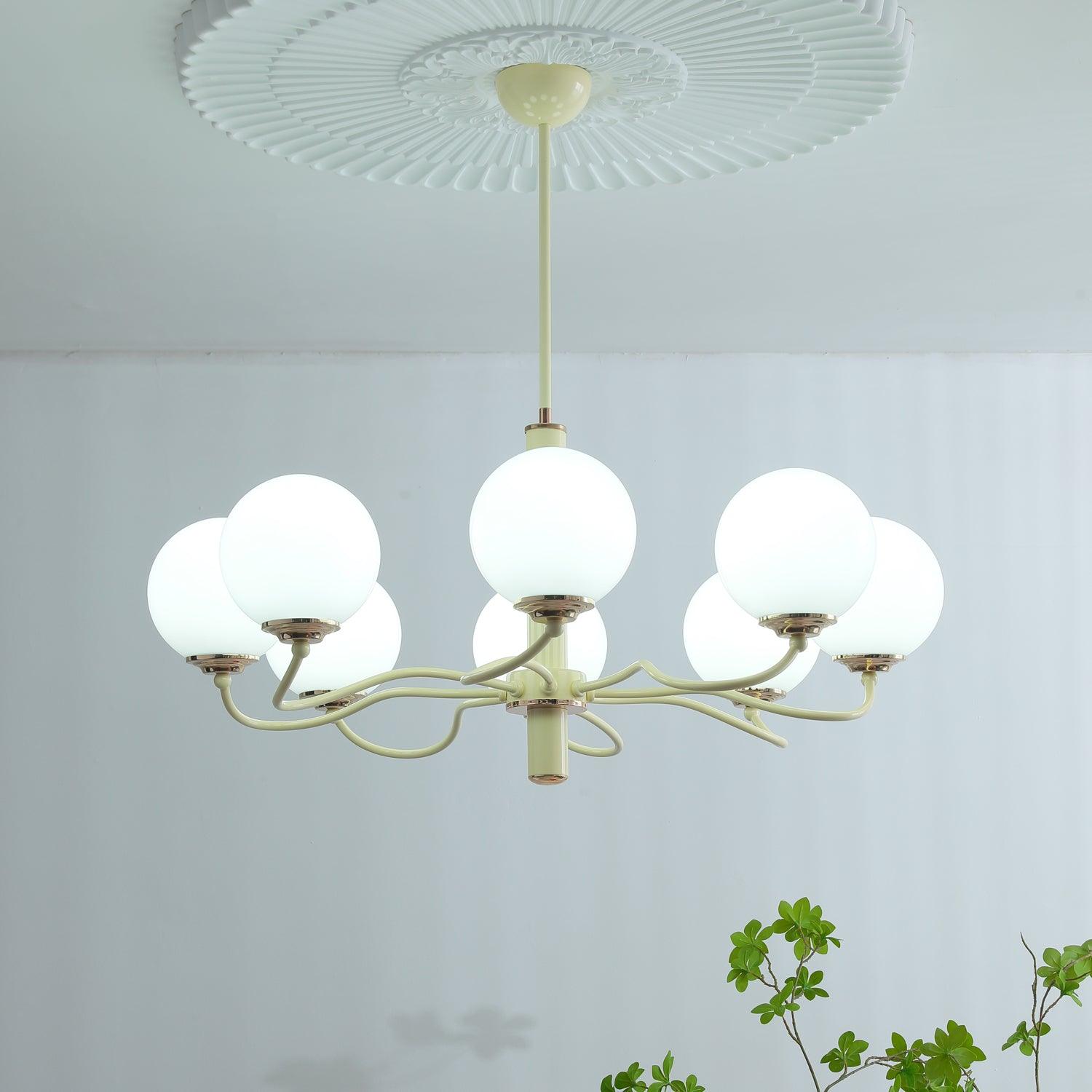 Modern Creamy Yellow Globe Glass Chandelier with White Spherical Shades