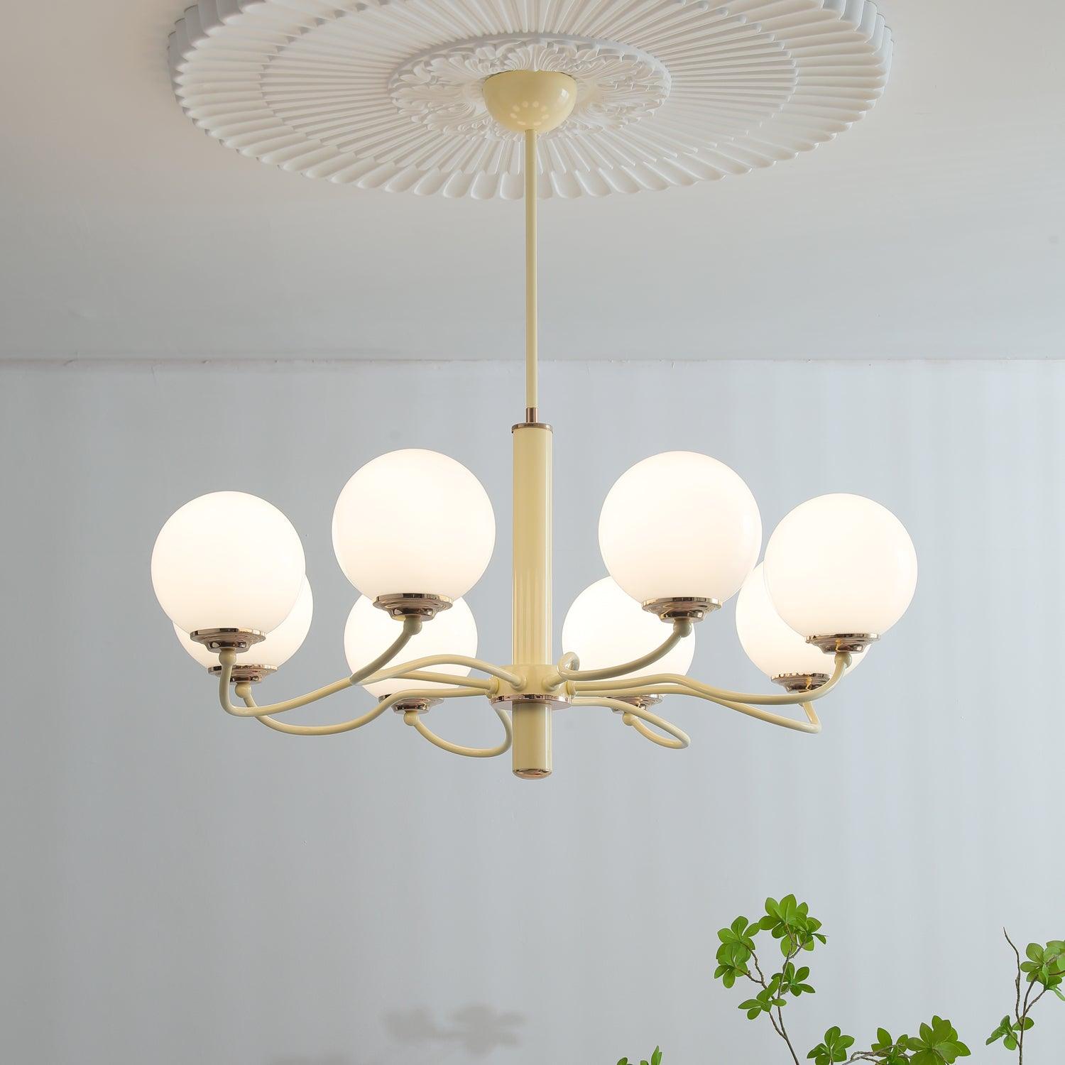 Modern Creamy Yellow Globe Glass Chandelier with White Spherical Shades