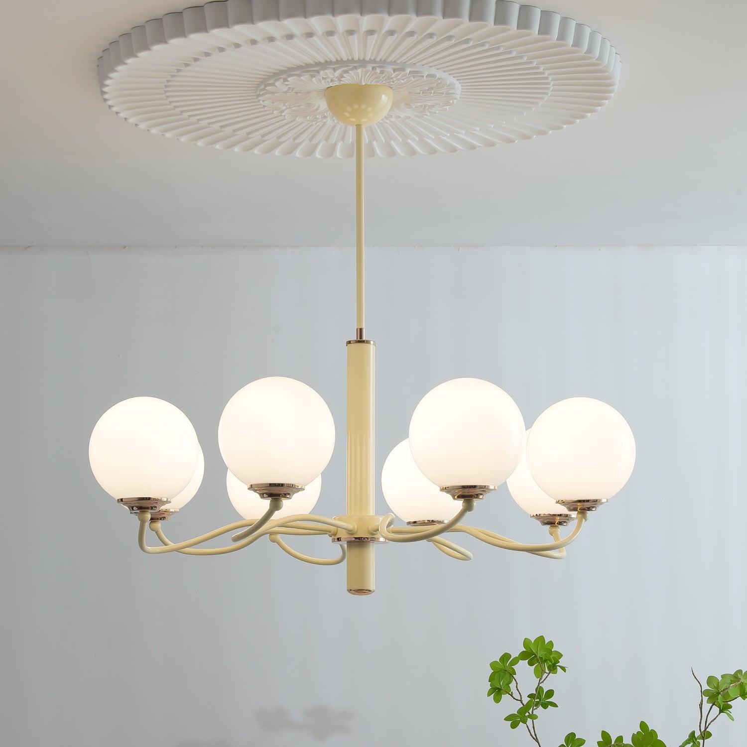 Modern Creamy Yellow Globe Glass Chandelier with White Spherical Shades