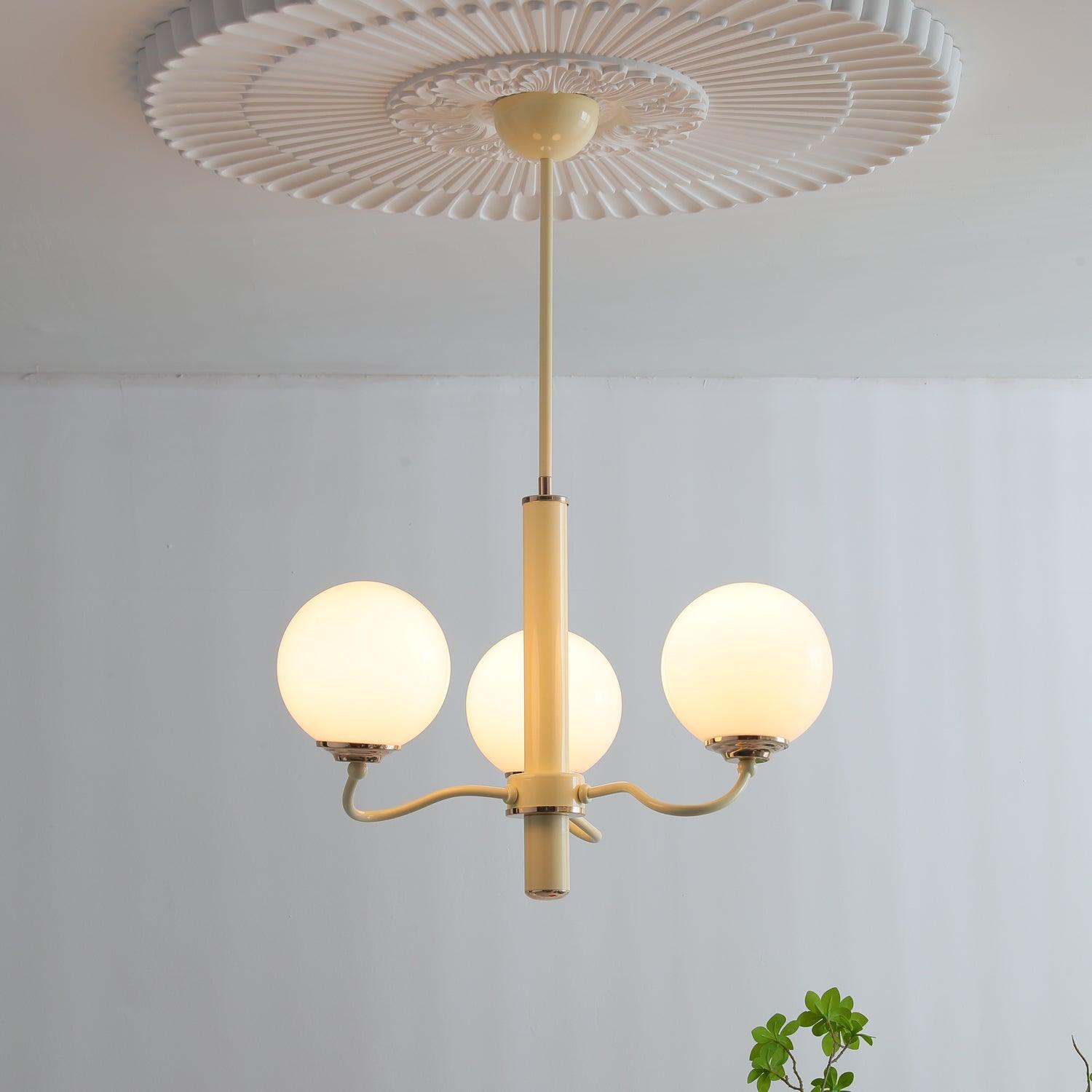 Modern Creamy Yellow Globe Glass Chandelier with White Spherical Shades