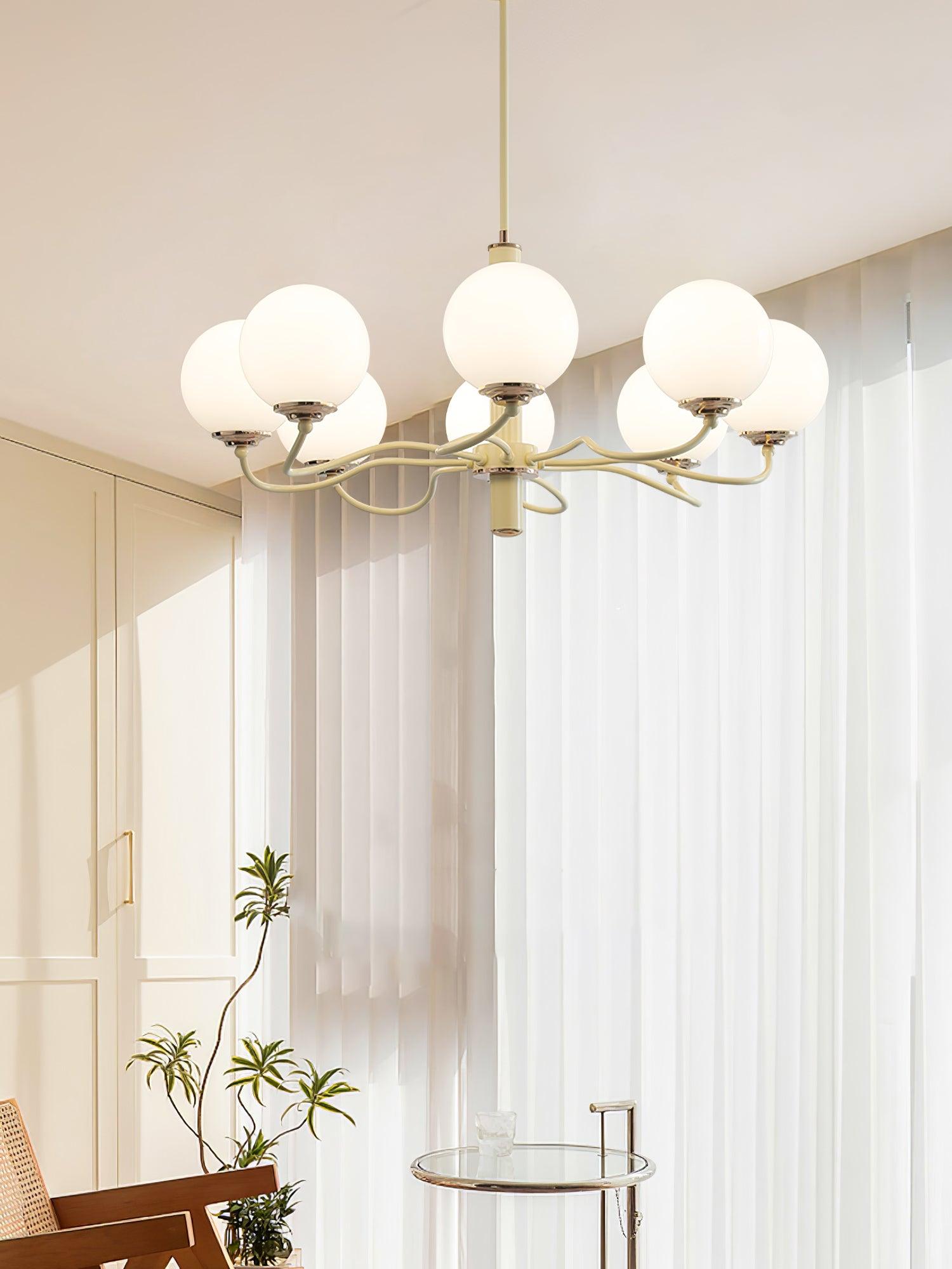 Modern Creamy Yellow Globe Glass Chandelier with White Spherical Shades