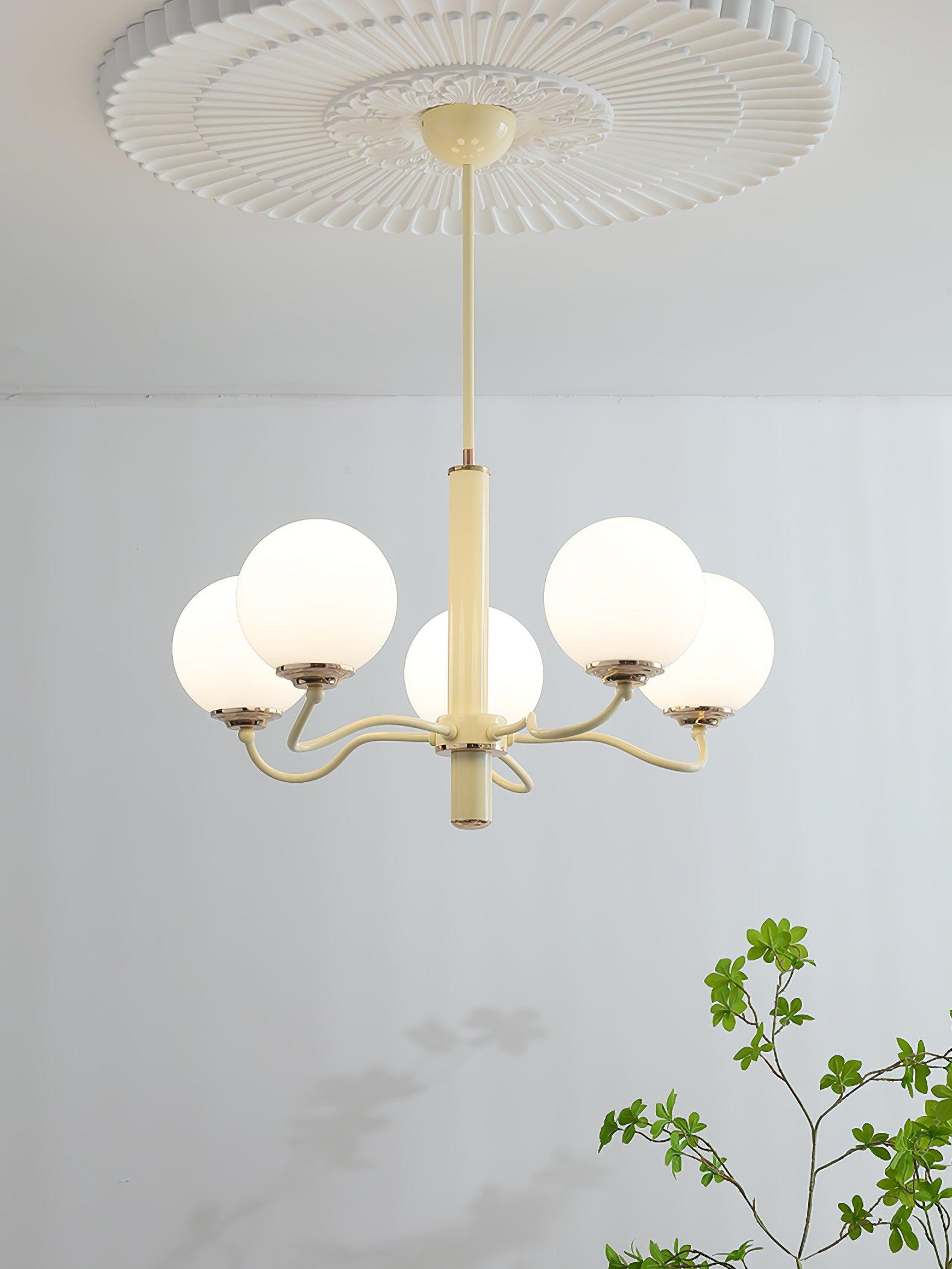 Modern Creamy Yellow Globe Glass Chandelier with White Spherical Shades