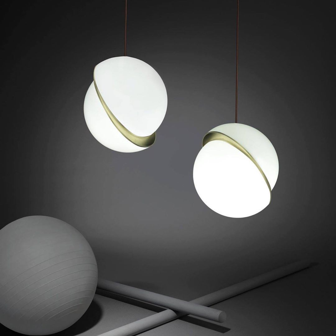Modern Crescent Brass Pendant Light with Opal Globe Shade and Brushed Fascia