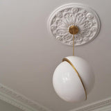 Modern Crescent Brass Pendant Light with Opal Globe Shade and Brushed Fascia