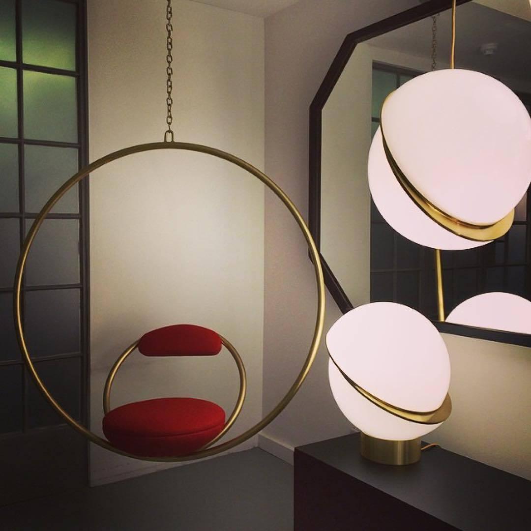 Modern Crescent Brass Pendant Light with Opal Globe Shade and Brushed Fascia