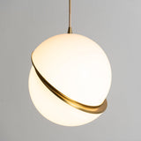Modern Crescent Brass Pendant Light with Opal Globe Shade and Brushed Fascia