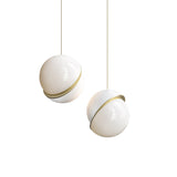 Modern Crescent Brass Pendant Light with Opal Globe Shade and Brushed Fascia
