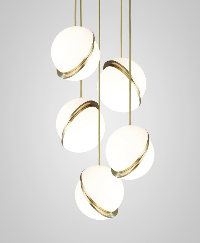 Modern Crescent Brass Pendant Light with Opal Globe Shade and Brushed Fascia