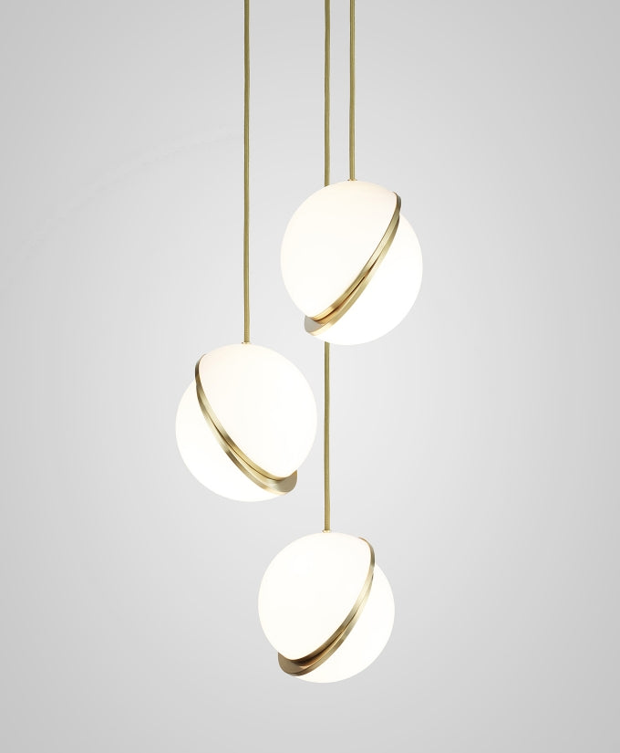 Modern Crescent Brass Pendant Light with Opal Globe Shade and Brushed Fascia