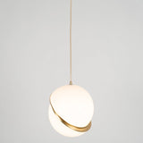 Modern Crescent Brass Pendant Light with Opal Globe Shade and Brushed Fascia