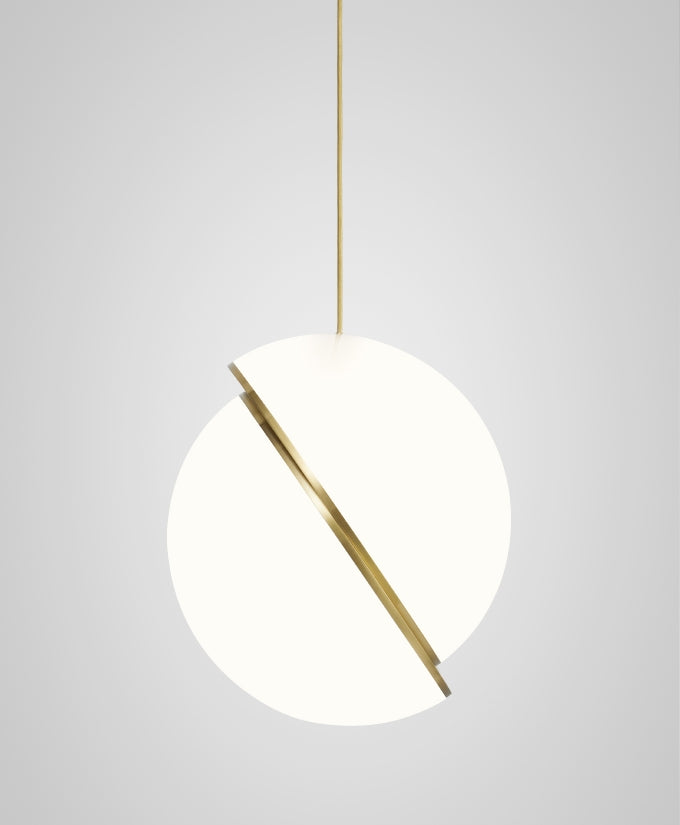 Modern Crescent Brass Pendant Light with Opal Globe Shade and Brushed Fascia