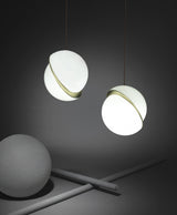Modern Crescent Brass Pendant Light with Opal Globe Shade and Brushed Fascia