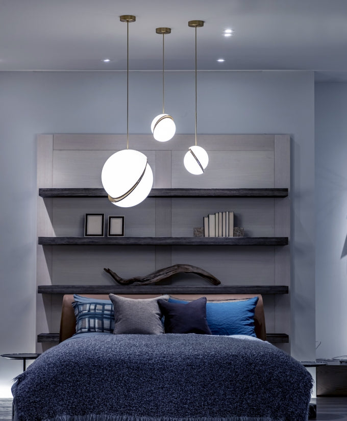 Modern Crescent Brass Pendant Light with Opal Globe Shade and Brushed Fascia