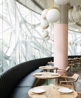 Modern Crescent Brass Pendant Light with Opal Globe Shade and Brushed Fascia