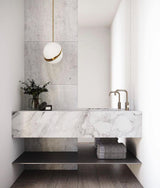 Modern Crescent Brass Pendant Light with Opal Globe Shade and Brushed Fascia