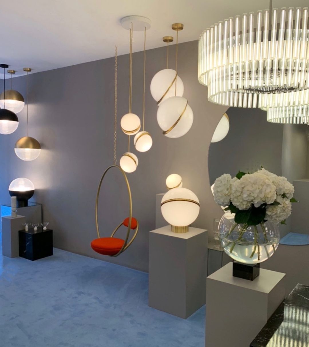 Modern Crescent Brass Pendant Light with Opal Globe Shade and Brushed Fascia