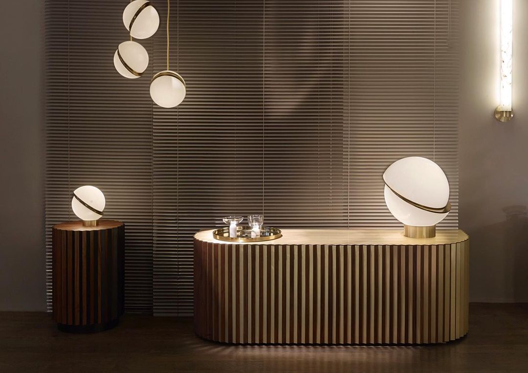 Modern Crescent Brass Pendant Light with Opal Globe Shade and Brushed Fascia
