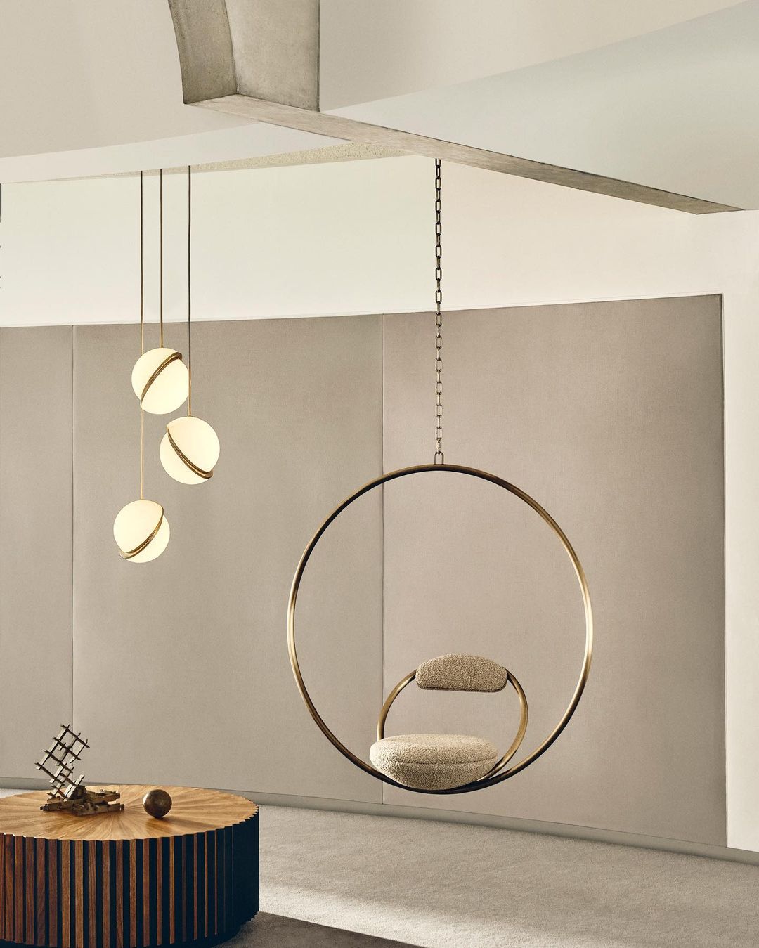 Modern Crescent Brass Pendant Light with Opal Globe Shade and Brushed Fascia