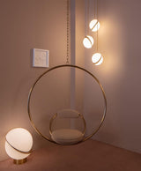 Modern Crescent Brass Pendant Light with Opal Globe Shade and Brushed Fascia
