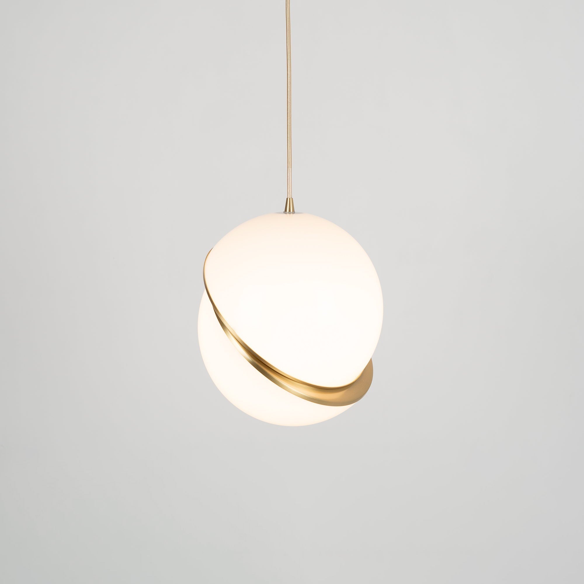 Modern Crescent Brass Pendant Light with Opal Globe Shade and Brushed Fascia