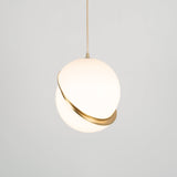 Modern Crescent Brass Pendant Light with Opal Globe Shade and Brushed Fascia