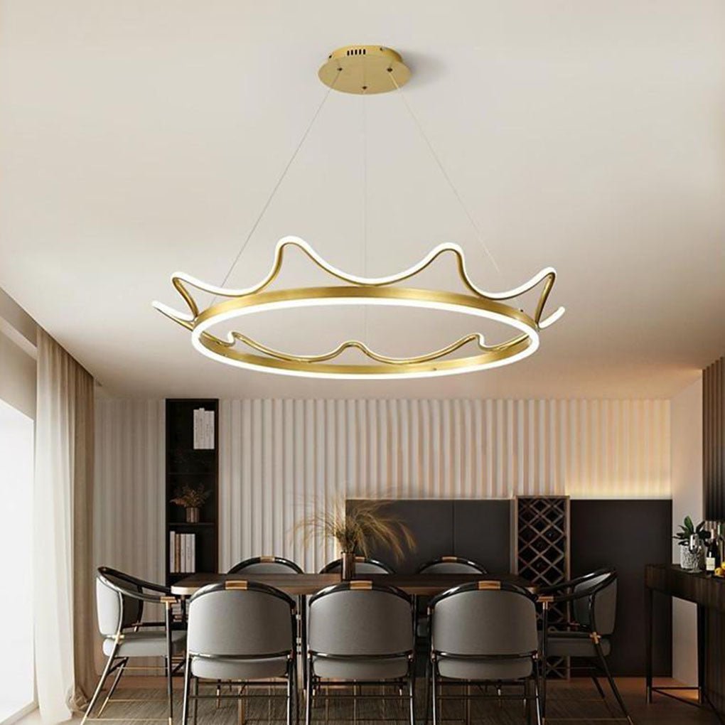 Modern Crown Shaped LED Chandelier for Dining Room Geometric Metal Hanging Ceiling Light