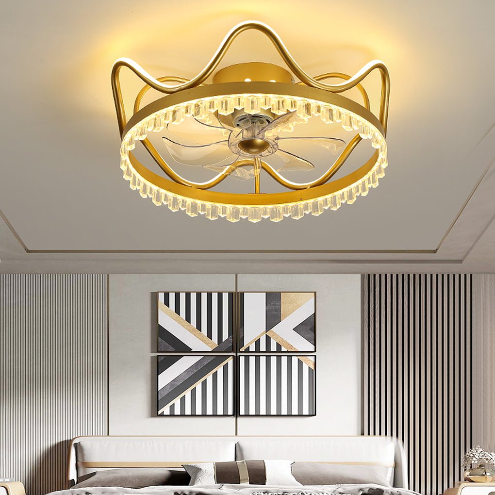 Modern Round Retractable Ceiling Fan with Dimmable LED Light and Remote Control for Bedroom Dining Room