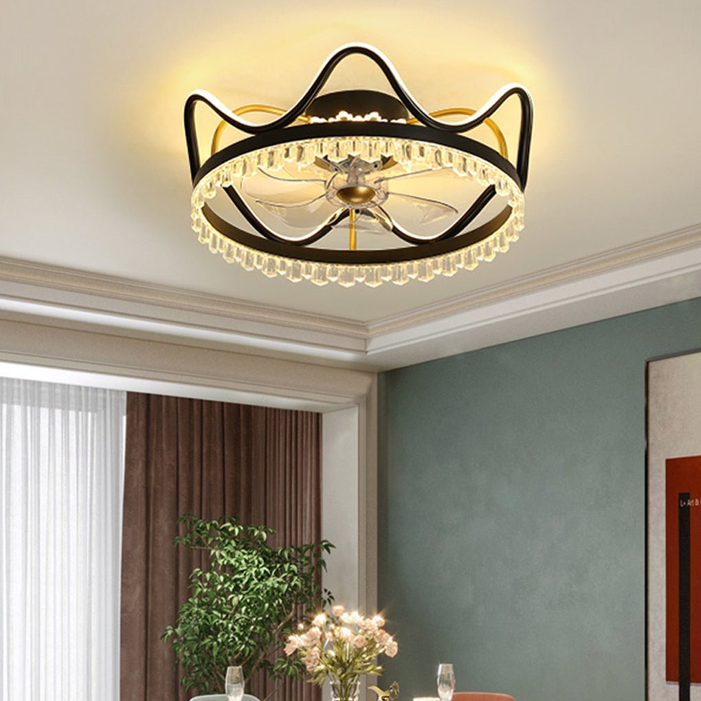 Modern Round Retractable Ceiling Fan with Dimmable LED Light and Remote Control for Bedroom Dining Room