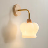 Modern Crown Wall Sconce Set of 2 Metal and Wood Glass Shade Lighting Fixture
