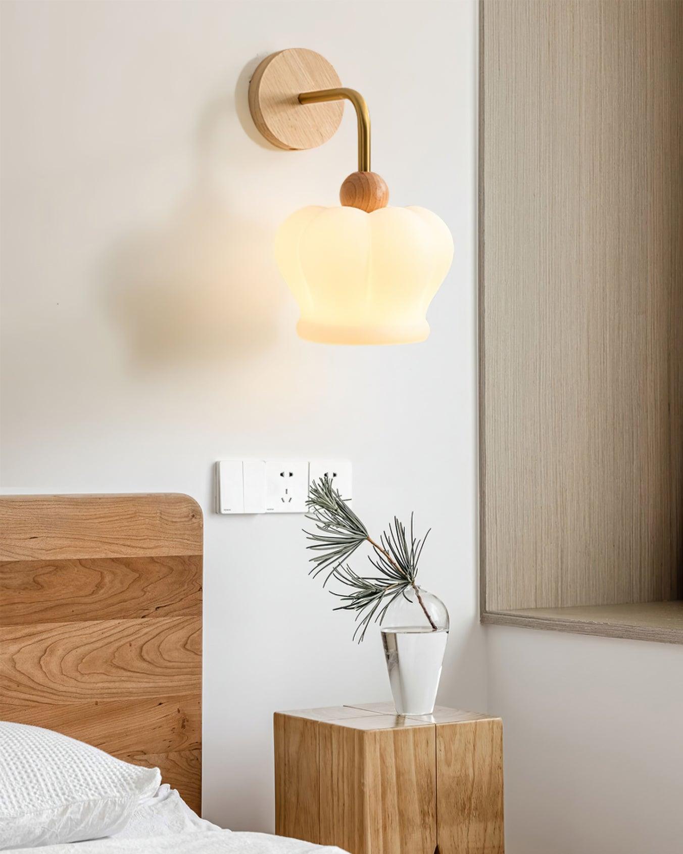 Modern Crown Wall Sconce Set of 2 Metal and Wood Glass Shade Lighting Fixture