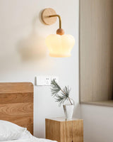 Modern Crown Wall Sconce Set of 2 Metal and Wood Glass Shade Lighting Fixture