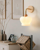 Modern Crown Wall Sconce Set of 2 Metal and Wood Glass Shade Lighting Fixture