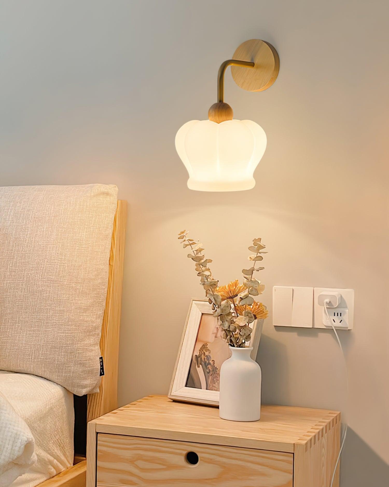 Modern Crown Wall Sconce Set of 2 Metal and Wood Glass Shade Lighting Fixture