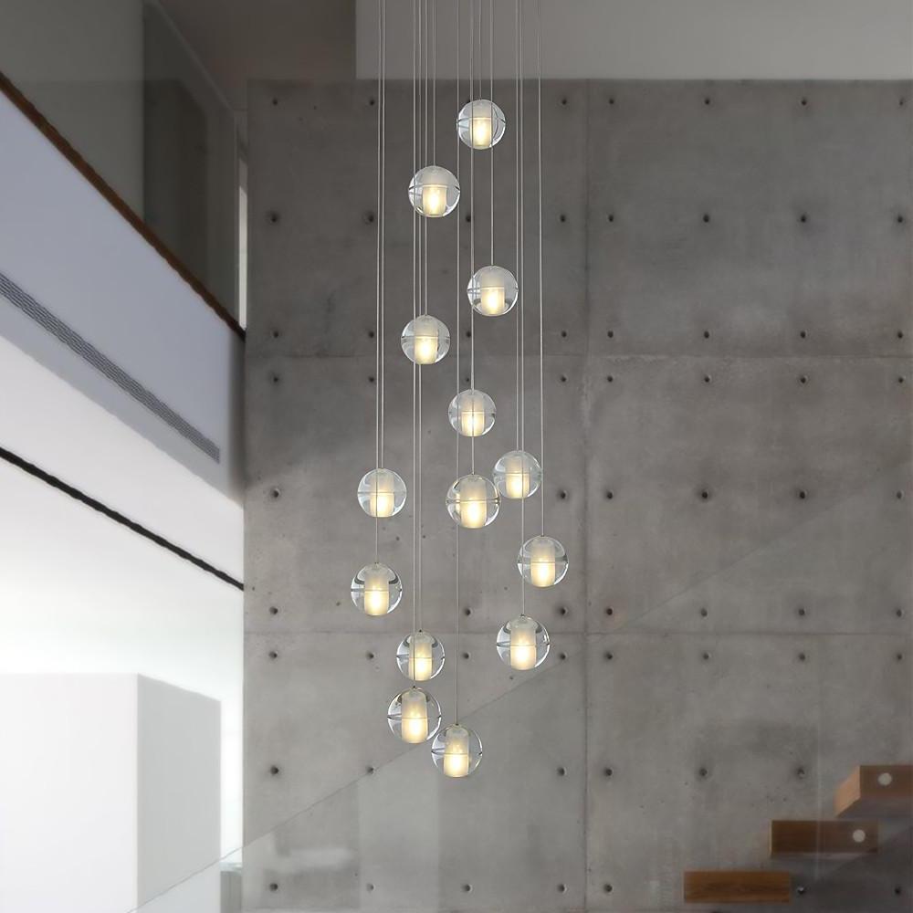 Modern Crystal Ball LED Chandelier 14 Light Adjustable Height Dimmable Staircase Pendant Light