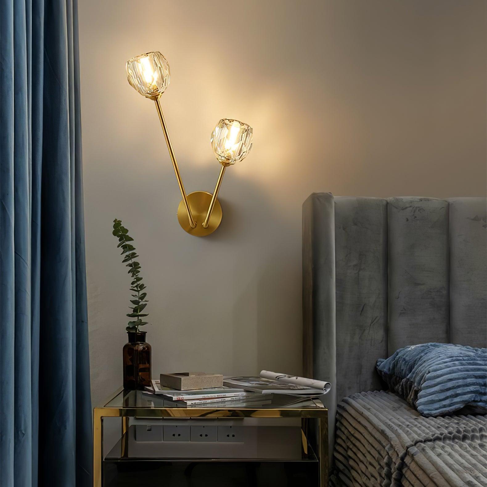 Modern Crystal Branch Wall Sconce Brass Light with Clear and White Glass Shades