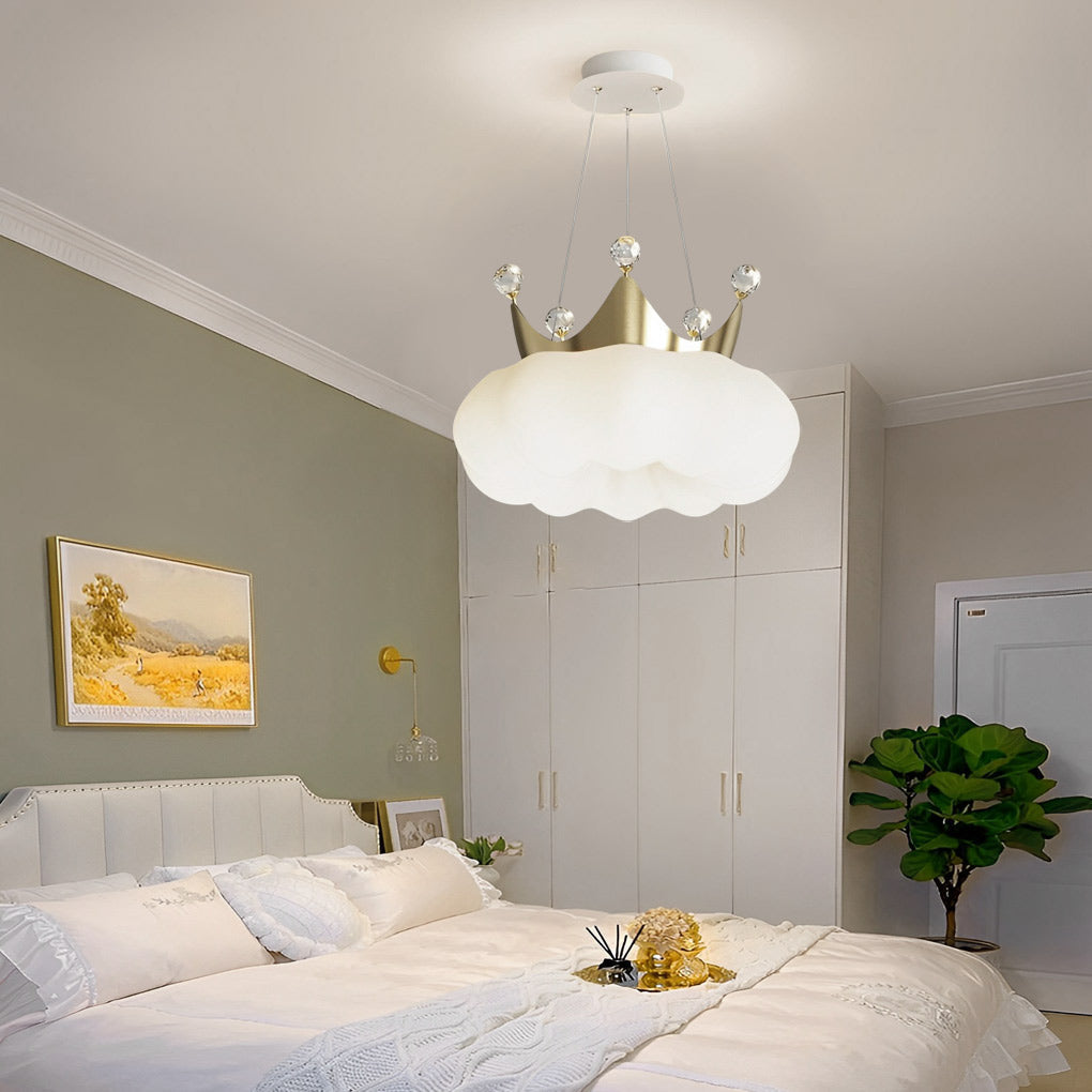 Modern Crystal Cloud Crown LED Pendant Light Three Step Dimming Ceiling Fixture Gold and White
