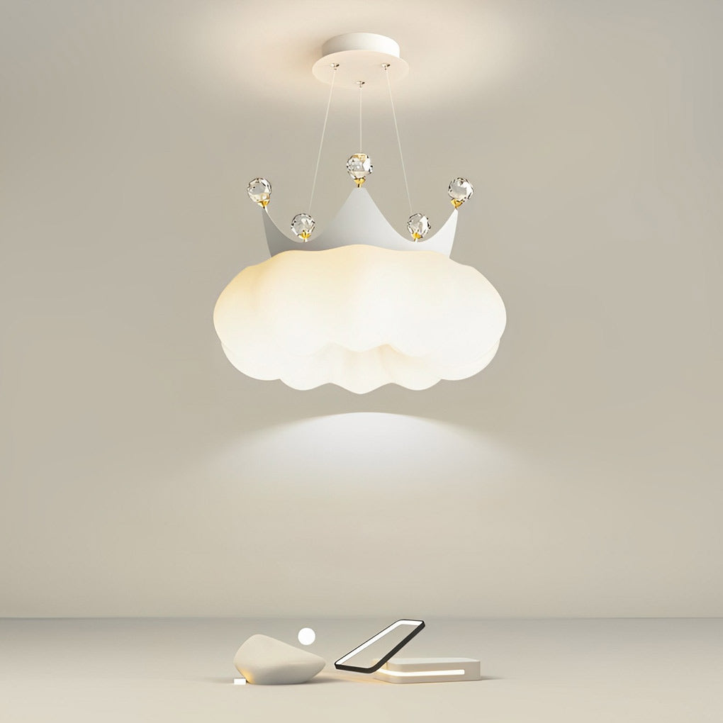 Modern Crystal Cloud Crown LED Pendant Light Three Step Dimming Ceiling Fixture Gold and White