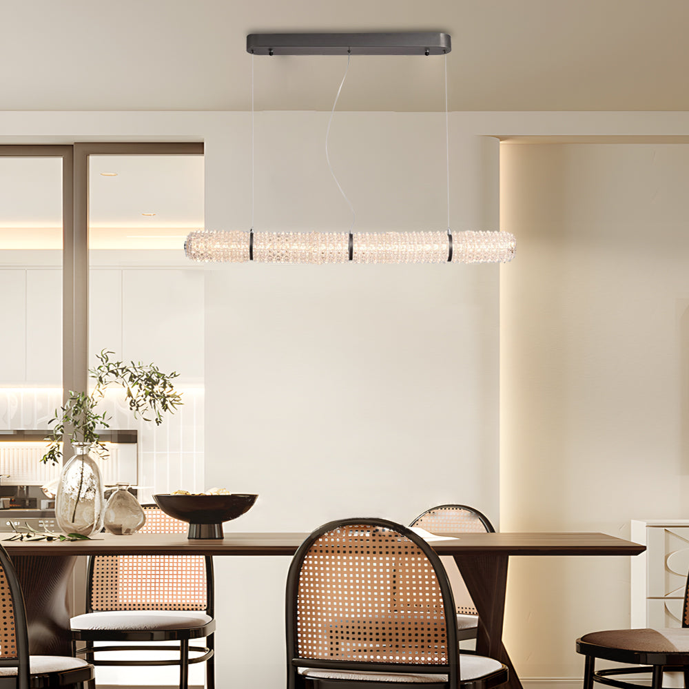 Modern Crystal Linear Island Pendant Light Brushed Black LED Chandelier for Kitchen Dining Room
