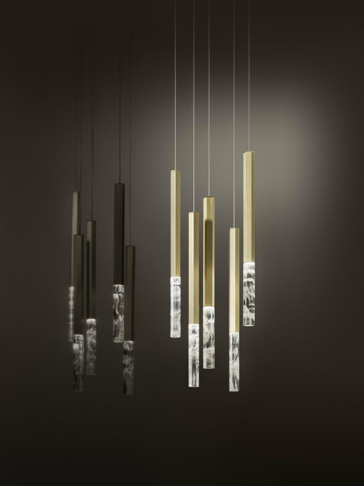 Modern Crystal Plumage LED Pendant Light Vertical Brass Suspension Hanging Lamp