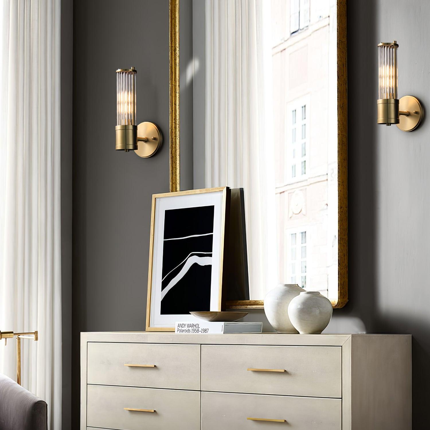 Modern Crystal Rod Cylinder Wall Sconce Brass Indoor Lighting for Living Room and Vanity