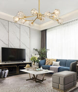 Modern Crystal Sphere Cluster Chandelier Round Brass Pendant Light for Dining Room
